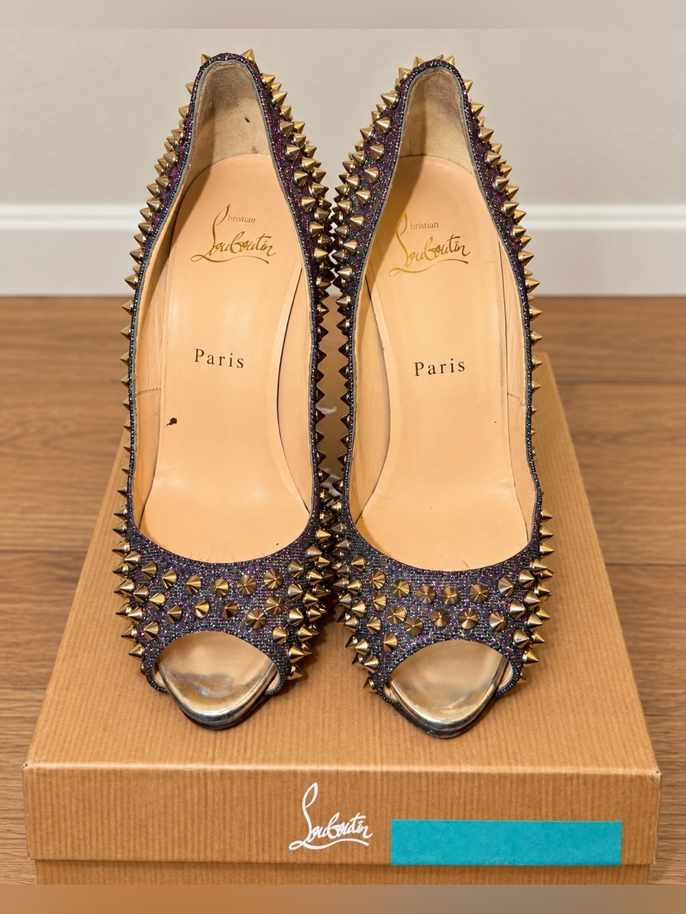 Christian Louboutin Purple Glitter Peep-Toe Pumps with Gold Spikes